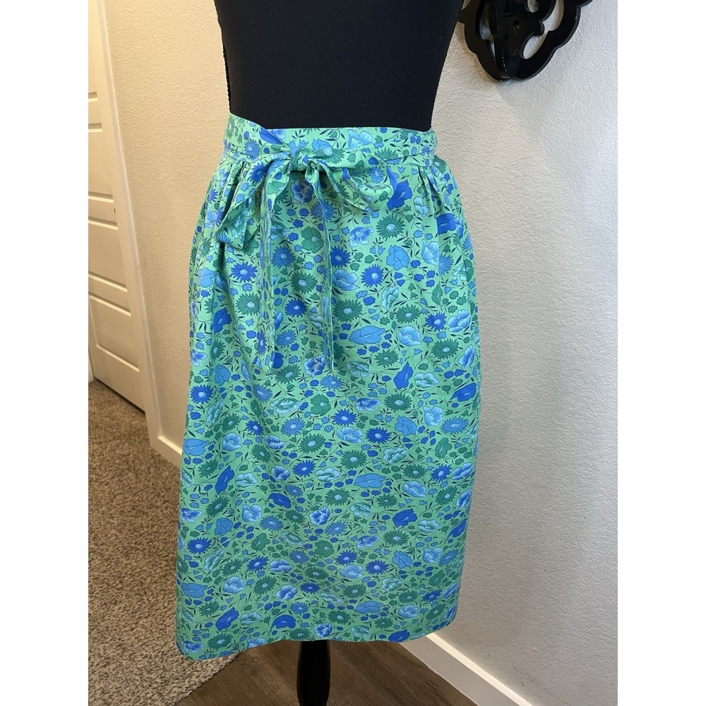 Handmade Vintage Green Blue Floral Wrap Midi Skirt Tie Waist one size XS/S/M